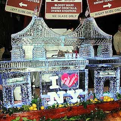 An ice sculpture in the shape of the Brooklyn Bridge by Ice Art doubled as a raw bar that served Lundy Brothers' tastings of oysters shooters, shrimp cocktails and Bloody Marys.