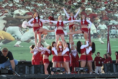 The Stanford University cheerleaders performed during the Gridiron Bash Pep Rally event, as did the cheerleaders from Virginia Tech.