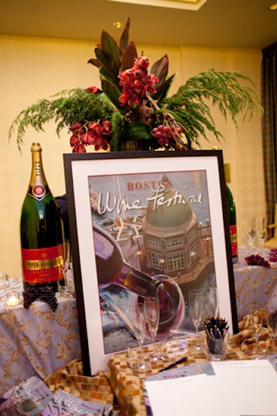 The Boston Wine Festival's official poster sat in the Wharf Room foyer and was among the 22 posters from each year of the festival's history displayed on easels throughout the room.