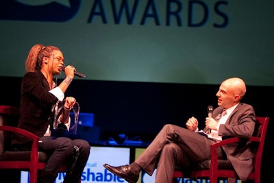 Mashable editor in chief Adam Ostrow (right) interviewed Best Internet Meme winner Antoine Dodson, whose 'Bed Intruder Song' was the most-watched, non-major label video on YouTube last year.