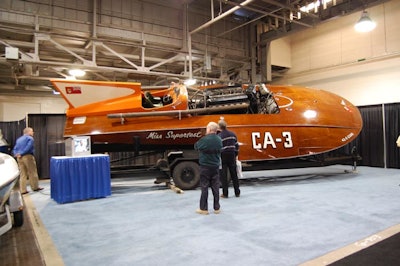 The Miss Supertest III—said to be the fastest hydroplane powerboat in the world—is on display at the show.