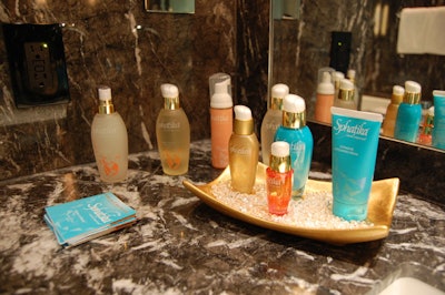 Products from the Sphatika skin-care line topped the bathroom counter.