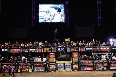 The 16-foot-deep by 80-foot-wide steel platform above where the bulls entered, known as the backstage area, was a new design this year. It was the Professional Bull Riders' largest-ever such platform, built to accommodate the live TV broadcast and new time clocks, as well as V.I.P.s and sponsors.