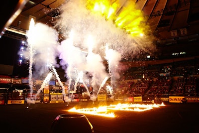 While the arena's regulations didn't permit the full-on flame effects normally put on by the bull riders' group, pyrotechnics at the beginning of each day's competition, coupled with music and lighting, created a rock-concert-like atmosphere.