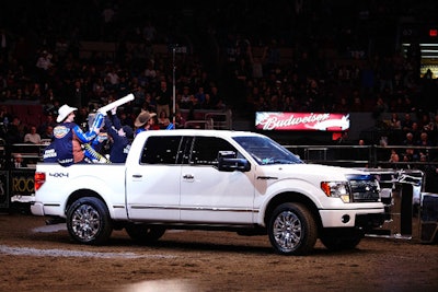During intermission, title sponsor Ford drove its 2011 F-150 heavy-duty truck through the arena as Professional Bull Riders staffers entertained the crowd by giving away shirts, hats, and stress balls.