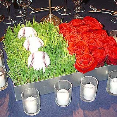At the American Museum of Natural History's winter dance, Belle Fleur created fun centerpieces for the Baseball as America theme with red roses and baseballs nestled in a bed of wheat grass.
