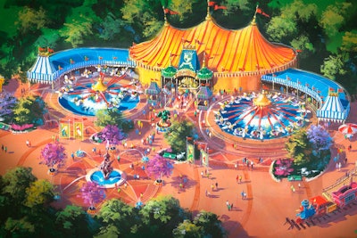 The new Fantasyland will include two circling carousels of Dumbo the Flying Elephant in front of a circus tent filled with games and interactive activities.