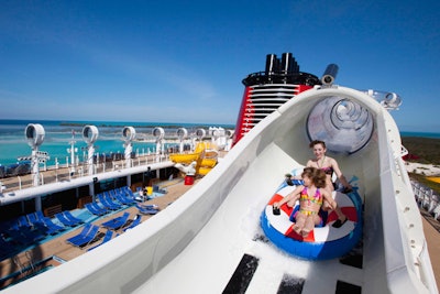 The AquaDuck is a water coaster that travels 765 feet. Part of it is mounted off the side of the ship.