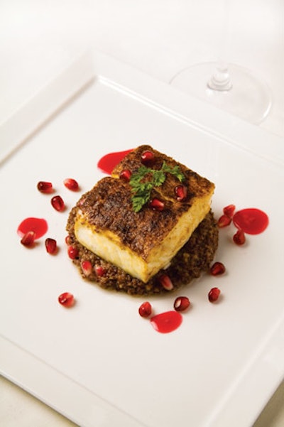Quinoa: Ancho chile and roasted quinoa-dusted halibut served over red quinoa and pomegranate risotto, from Canard Inc. in New York