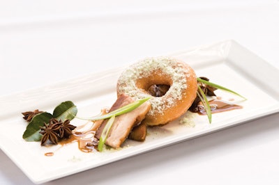 Doughnuts: Five-spiced pork belly “doughnut” with kaffir sugar dust, from Patina Catering in Los Angeles