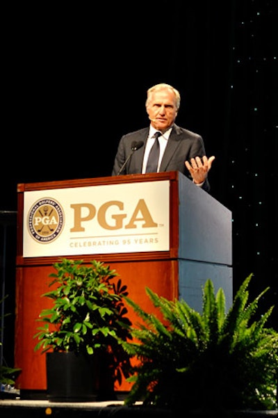 The first day of the show, golfer Greg Norman spoke about golf business developments in Asia from a stage on the trade show floor.