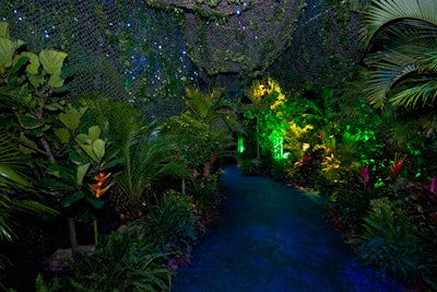 To enter the main event space, guests traveled down a 20-foot path densely lined with trees and tropical plants.
