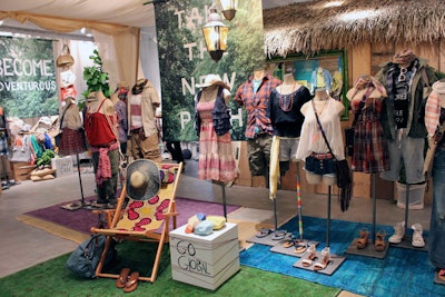 Colored rugs, lounge chairs, and lanterns underscored American Eagle's brighter looks.