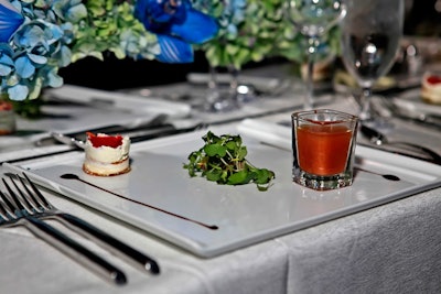 Dinner began with an appetizer of napoleon of sweet peppers and tomato confit with microgreens and chilled watermelon gazpacho.