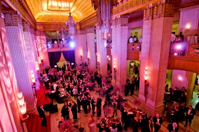 Rose-colored lighting filled the foyer of the Civic Opera House.