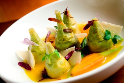 Small-plate dishes include artichoke barigoule with asparagus, baby carrots, and basil.
