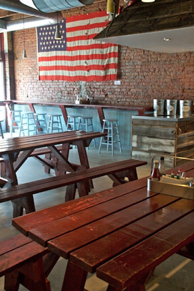 Seating at the first floor Tackle Box is primarily at long wooden picnic tables.