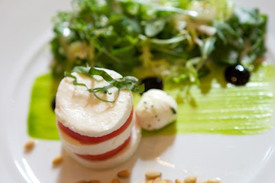 Lunch began with a salad of marinated tomato and sliced mozzarella with baby arugula and pine nuts, and a balsamic glaze.