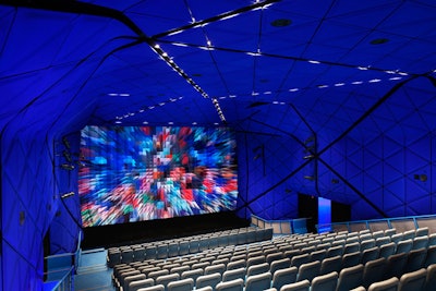 The main showpiece of the revamped Museum of the Moving Image is the 267-seat theater, enclosed in a vibrant blue, woven felt fabric.