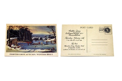 Influenced by Ali MacGraw in Love Story, Porter Grey is designed by sisters Kristen and Alexandra O’Neill and makes its first appearance at the tents this season. To convey its preppy style, the brand used printed Currier & Ives postcards as the invitations for its show.