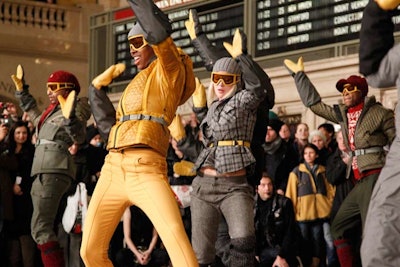 Some 160 dancers in Moncler Grenoble fall/winter clothing gathered on Grand Central Terminal's crowded concourse for a seven-minute flash-mob-style performance. Guests of the show watched from the east balcony, while photographers snapped shots from the north balcony.