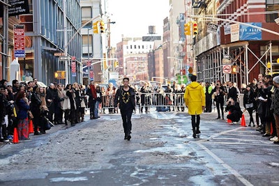 On Friday afternoon, Andrew Buckler took his urban-art-inspired menswear to the streets, closing a section of SoHo's Grand Street for a 30-look show.