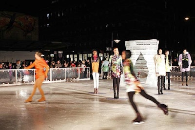 Elise Overland's Saturday-night outing was staged at the Standard's temporary ice rink, placing a handful of models around an igloolike ice piece from Sculpted Ice Works. Dressed in clothes from the collection, skaters from the Ice Theatre of New York completed the scene.
