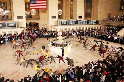 Brussels-based Villa Eugenie, which had previously helped produce Y-3 shows, created the flash-mob-style show for Moncler Grenoble on Sunday. New York production company WCMG Events provided local support for the event, which took place at Grand Central Terminal.