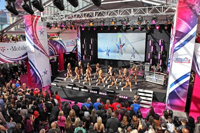 N.B.A. All-Star and T-Mobile logo imagery decked a stage at the televised arrivals show.