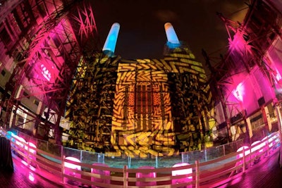 For the Shine 2010 benefit dinner in London in November, design firm Renegade illuminated the rear wall of the Power Station building with colorful animated projections inspired by light, power, and electricity.