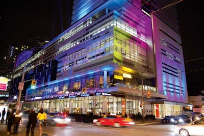 For the August opening of Toronto’s TIFF Bell Light Box building, Westbury National Show systems lit the venue in blue and yellow (the colors of the TIFF and Bell Canada logos) and projected a combination of film clips and video wallpaper onto the surrounding buildings.