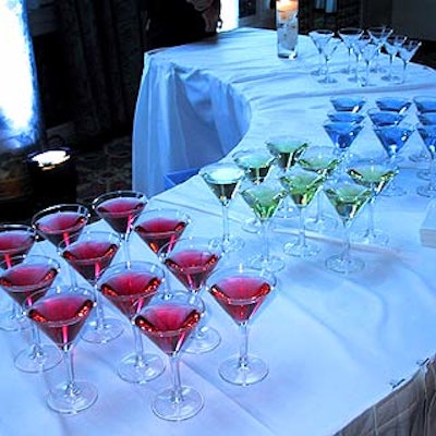 The Waldorf offered a rainbow of pink, green, blue and clear vodka martinis during the cocktail hour.