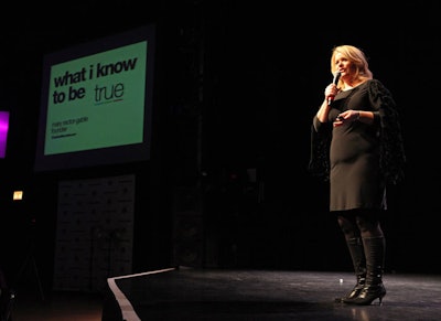 Rector-Gable used PowerPoint slides, which showed up on oversize screens flanking the stage.