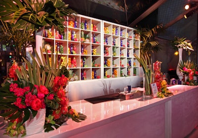 For sponsor Skyy, Caravents created a tropical-looking bar back, with fruits and bottles at the Rolling Stone party.