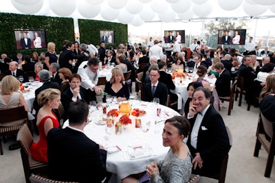 Guests dined in an understated, predominantly white dining room constructed at the Sunset Tower for Vanity Fair's viewing dinner.