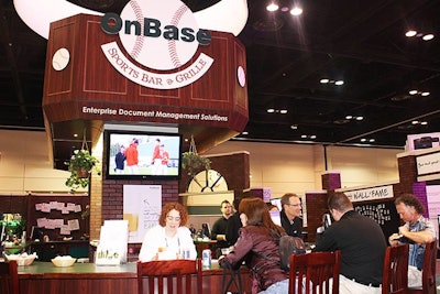 For the past 11 years, Hyland Software has used the same makeshift sports bar as its exhibit to promote its OnBase product. The 30-seat bar, staffed by Hyland employees, served soft drinks and water during the day and beer in the evening.