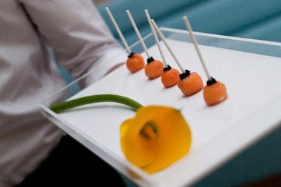Passed hors d'oeuvres included smoked salmon lollipops with goat cheese and caviar.