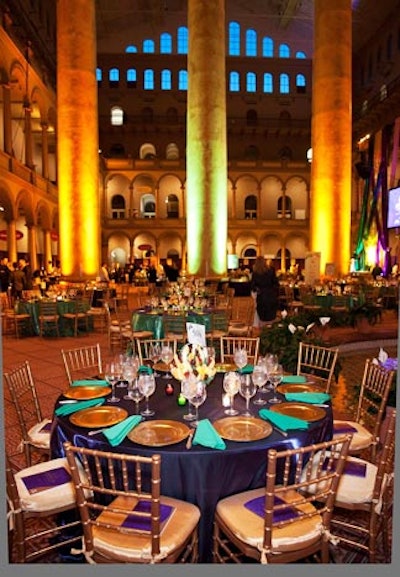 Digital Lightning used purple, green, and yellow uplighting on the museum's six columns.