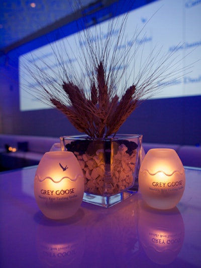 Centerpieces made of wheat and Champagne limestone represented the process by which Grey Goose vodka is made.