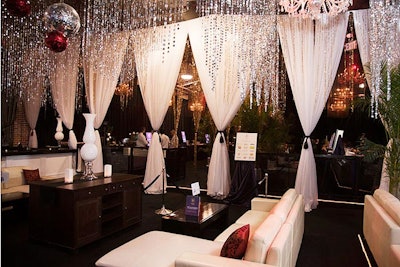 A disco ball and reflective silver strands hung from the ceiling.