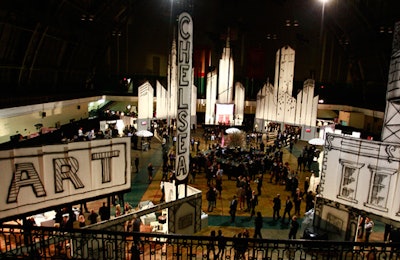 More than 200 weather balloons held up paper strips painted with images of city buildings at the Bailey House fund-raiser, providing an affordable and interesting way to decorate the 69th Regiment Armory.