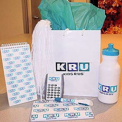 The event's cute gift bag featured all the necessary back-to-school items, including a calculator, pen, water bottle, notebook and chocolate bar branded with the Kids 'R' Us logo. The items were from All Ways Advertising.