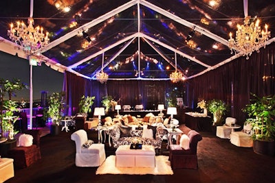 Sony’s Golden Globes party, produced by 15/40, had a luxe residential look with white Mongolian lamb pillows and Flokati rugs, black carpeting, and crystal table lamps.