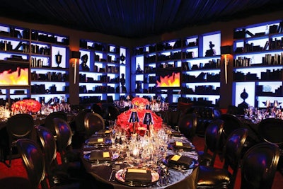 For its Golden Globes party, In Style created a setting inspired by a “sexy library” in a luxury penthouse. Designer Thomas Ford lined bookshelves with 3,000 fake books and glass accessories, brought in custom tufted sofas, and topped dinner tables with small lamps.