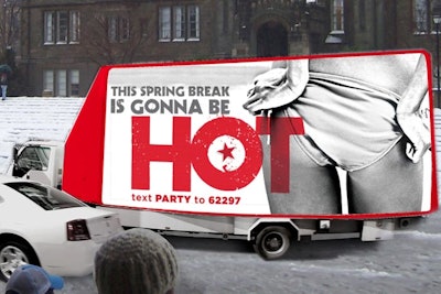 Mobile billboards promoted the event on college campuses. On the billboard, an SMS code encouraged participants to text 'Party' to a particular number to receive discounts at Macy's and other perks.