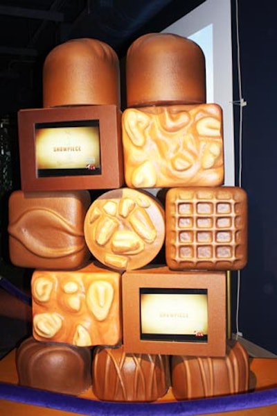 A towering sculpture of oversize prop chocolates was on display.