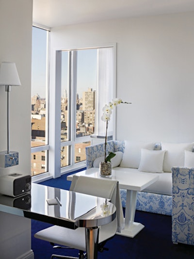 Benjamin Noriega-Ortiz's romantic design extends from the lobby to the rooms of the Mondrian SoHo, with splashes of blue accenting light-colored furnishings and custom fixtures.