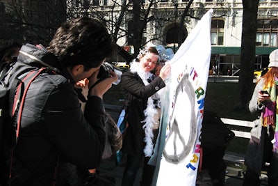 Many participants of 'Join Me on the Bridge' wore T-shirts commemorating the 100th anniversary of International Women's Day, but some came in costumes of their own making.