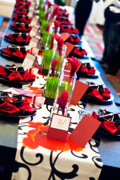 Simply Weddings by Brit Bertino created a table known as 'Red,' which won in the category of original design. Bertino abundantly used the color, which corresponds with fire, symbolizes good fortune and joy, and is found everywhere during Chinese New Year and other holidays and family gatherings.