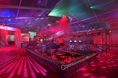 Matte black trussing supported a second-story lounge at the premiere party for Battle: Los Angeles.